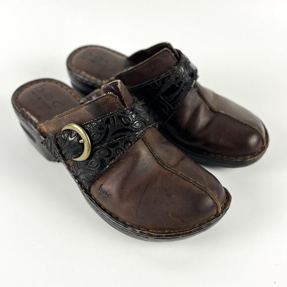 BOC Born Concept Brown Clogs wedge heel brass buckle tooled black straps SZ 8 - Picture 1 of 12